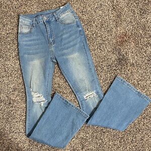 SHEIN Light Blue Flare Jeans with Distressed Details